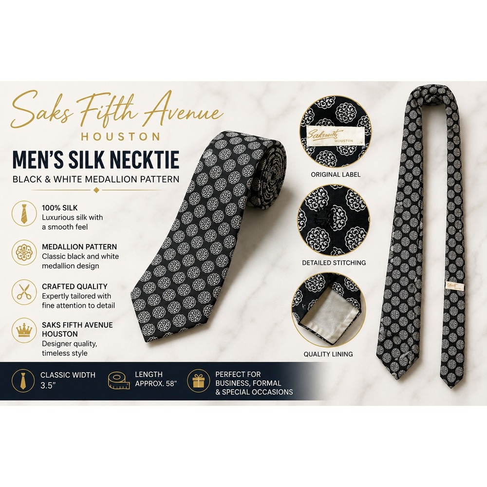 Sakowitz Houston Countess Mara Mens‎ Silk Necktie Black White Medallion Pattern
